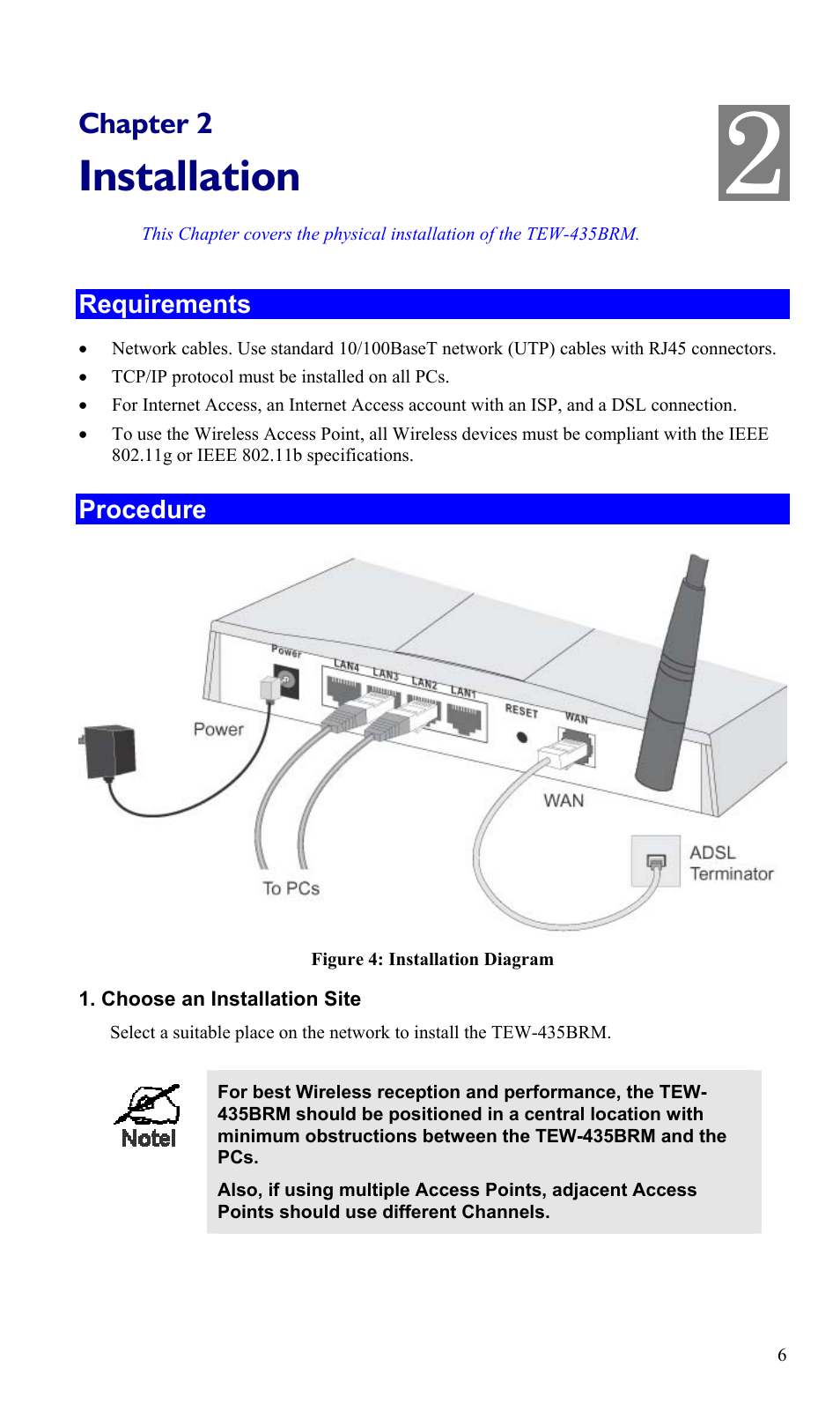 Chapter 2 installation, Requirements, Procedure | Installation | TRENDnet TEW-435BRM User Manual | Page 9 / 81