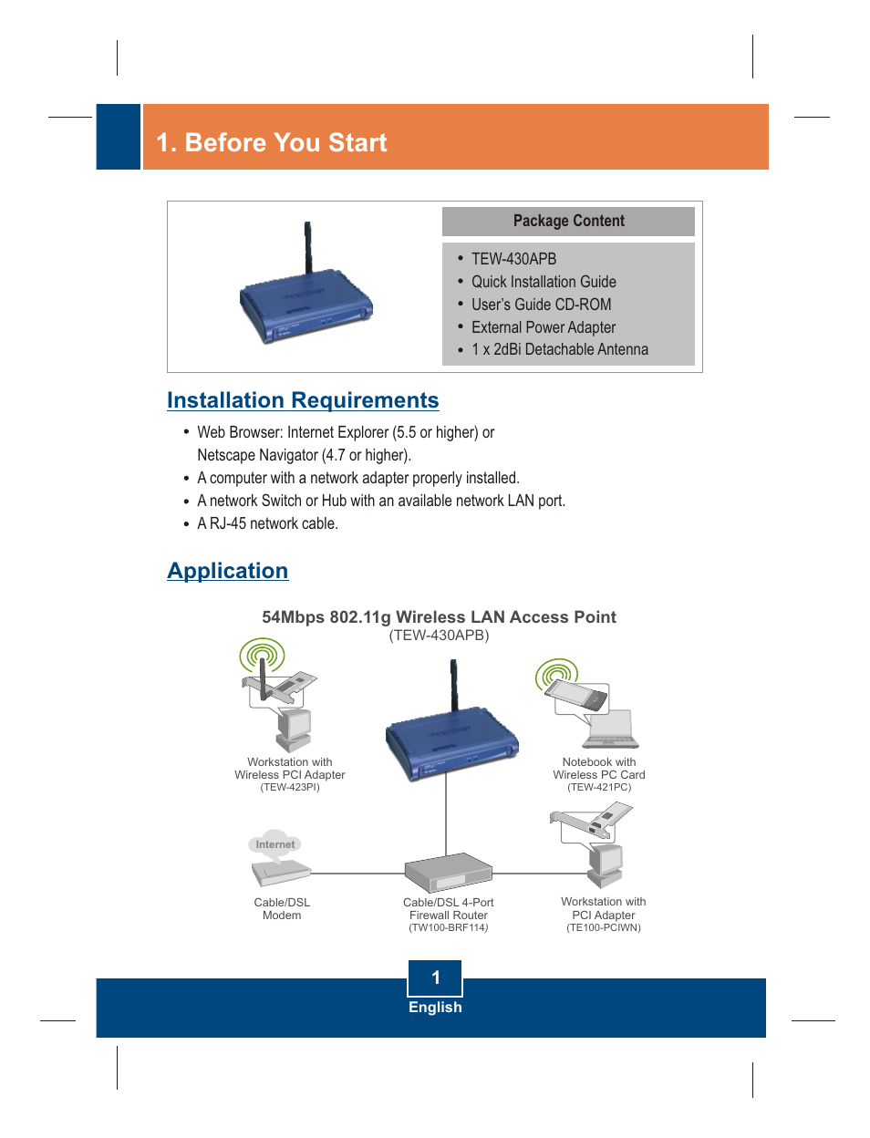 Before you start, Installation requirements application | TRENDnet TEW-430APB User Manual | Page 3 / 11