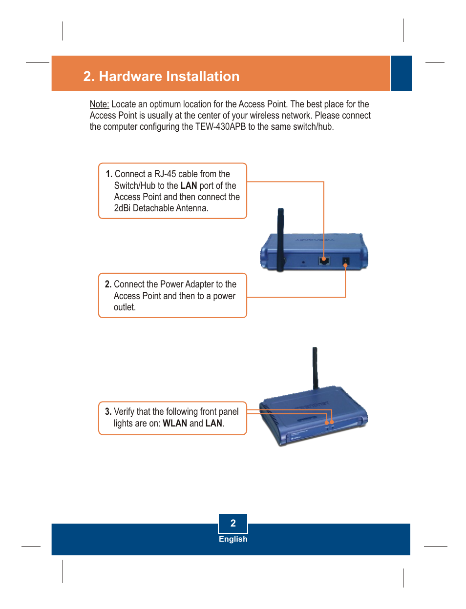 Hardware installation | TRENDnet TEW-430APB User Manual | Page 4 / 11