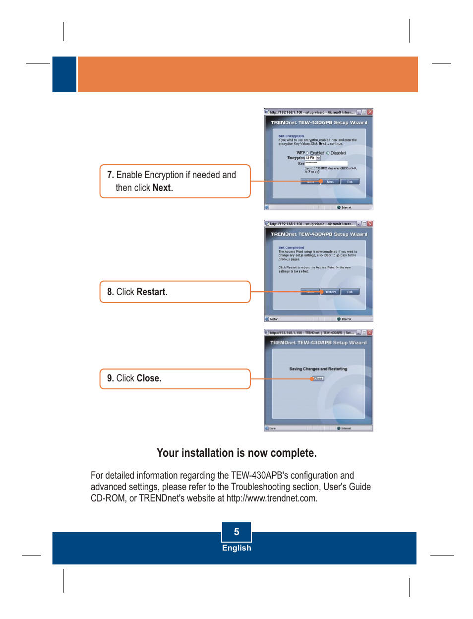 Your installation is now complete | TRENDnet TEW-430APB User Manual | Page 7 / 11