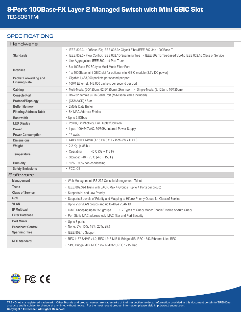 Teg-s081fmi, Specifications software, Hardware | TRENDnet TEG-S081FMI User Manual | Page 2 / 3