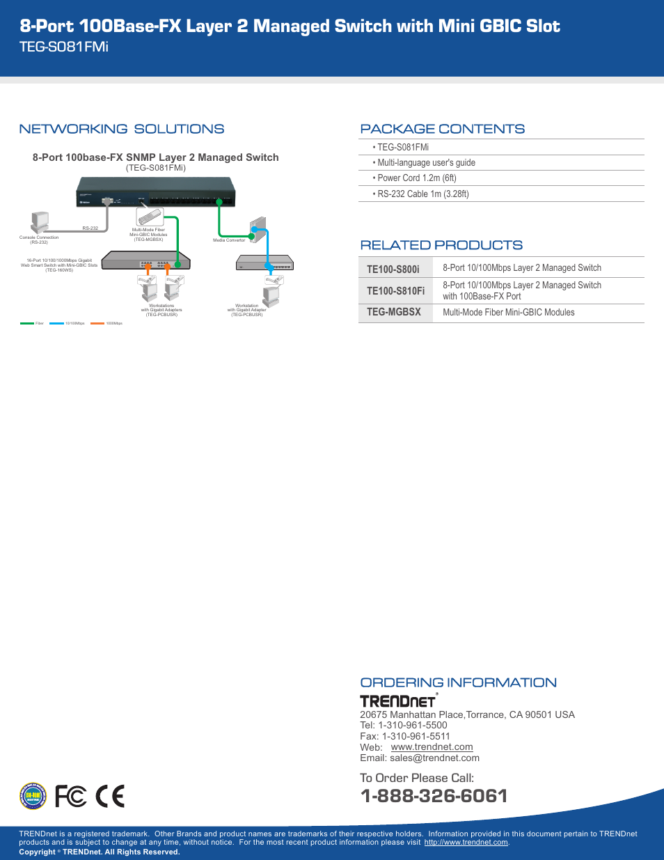 Teg-s081fmi, Related products package contents, Ordering information to order please call | Networking solutions | TRENDnet TEG-S081FMI User Manual | Page 3 / 3