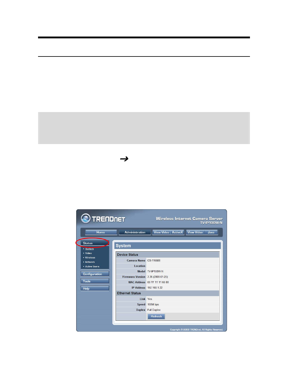Administration, Status | TRENDnet TV-IP100-N User Manual | Page 31 / 127