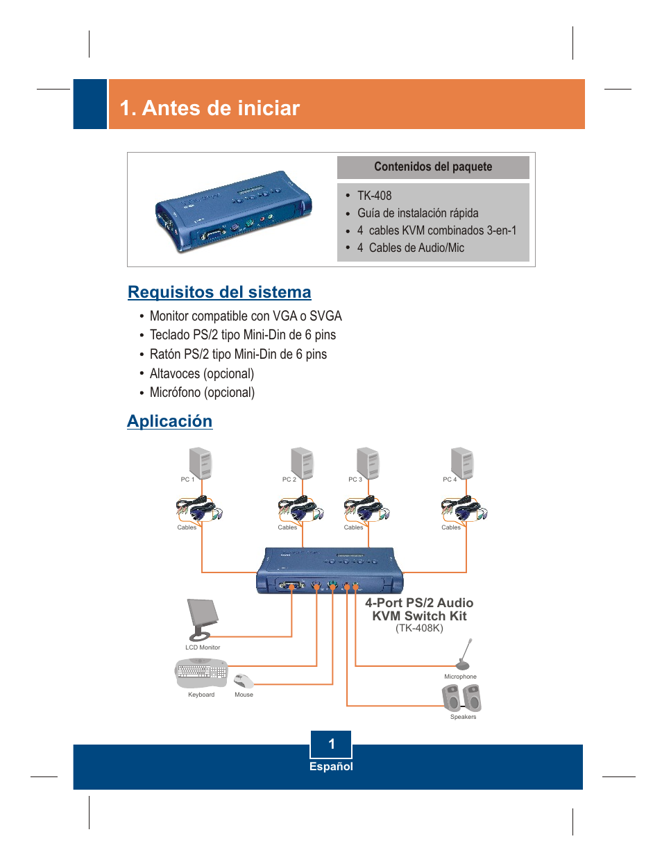 Antes de iniciar, Aplicación, Requisitos del sistema | TRENDnet ROUTER TK-408K User Manual | Page 3 / 11