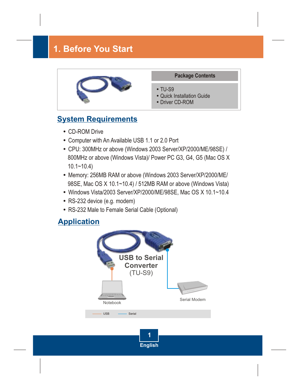 Before you start, System requirements application | TRENDnet TU-S9 User Manual | Page 3 / 9