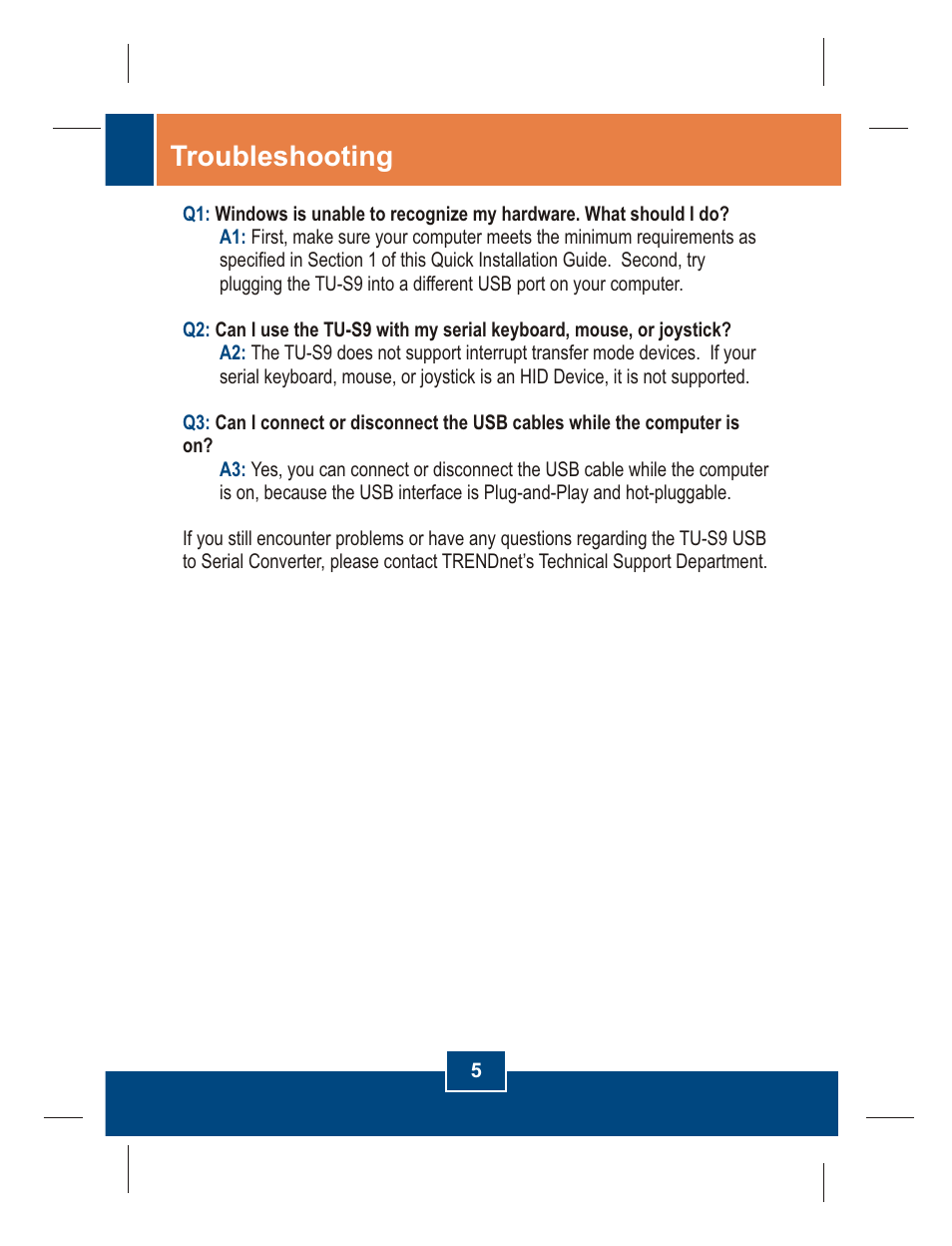 Troubleshooting | TRENDnet TU-S9 User Manual | Page 7 / 9