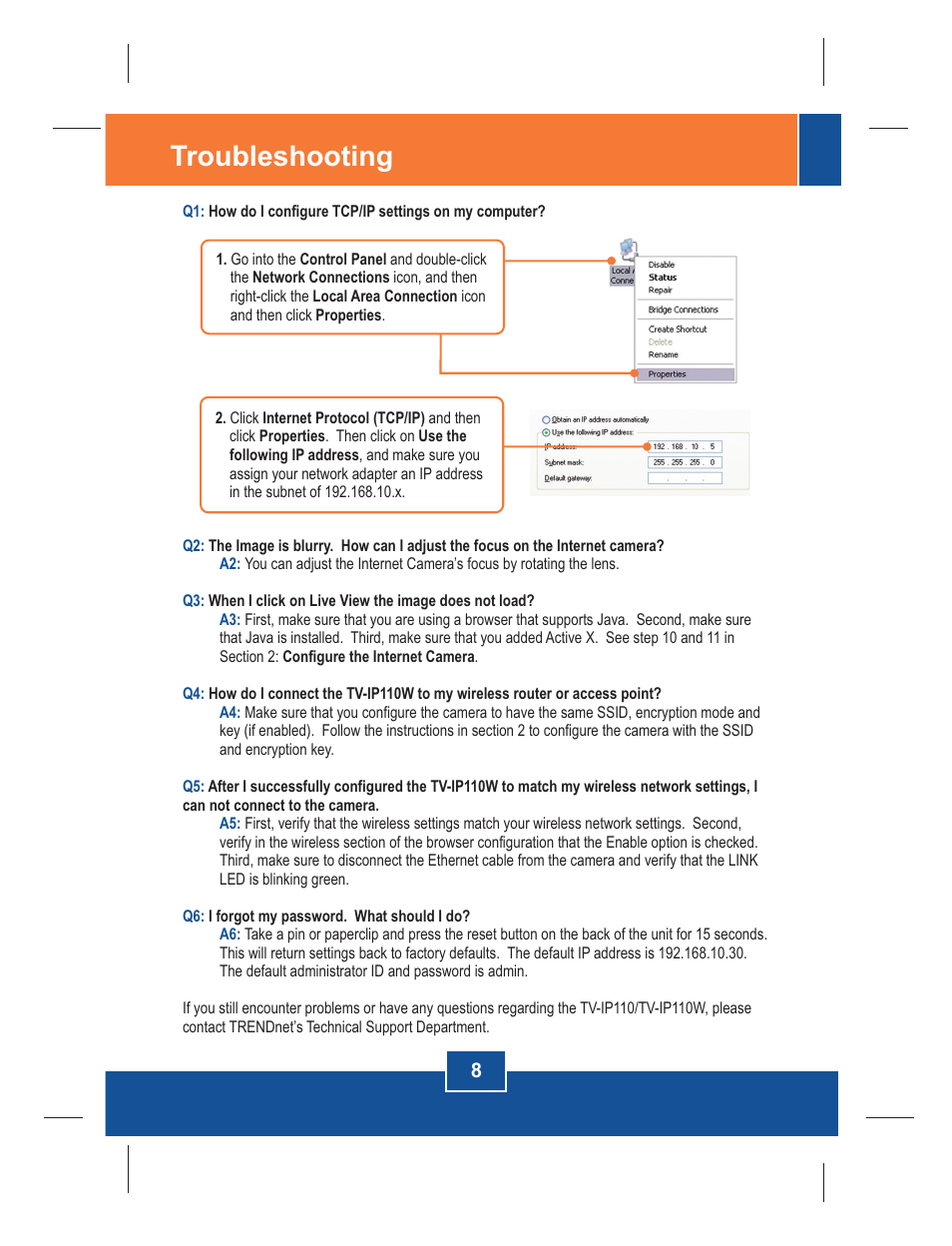 Troubleshooting | TRENDnet TV-IP110W User Manual | Page 10 / 12