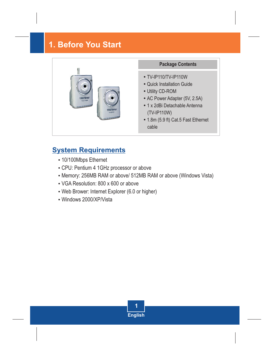 Before you start, System requirements | TRENDnet TV-IP110W User Manual | Page 3 / 12