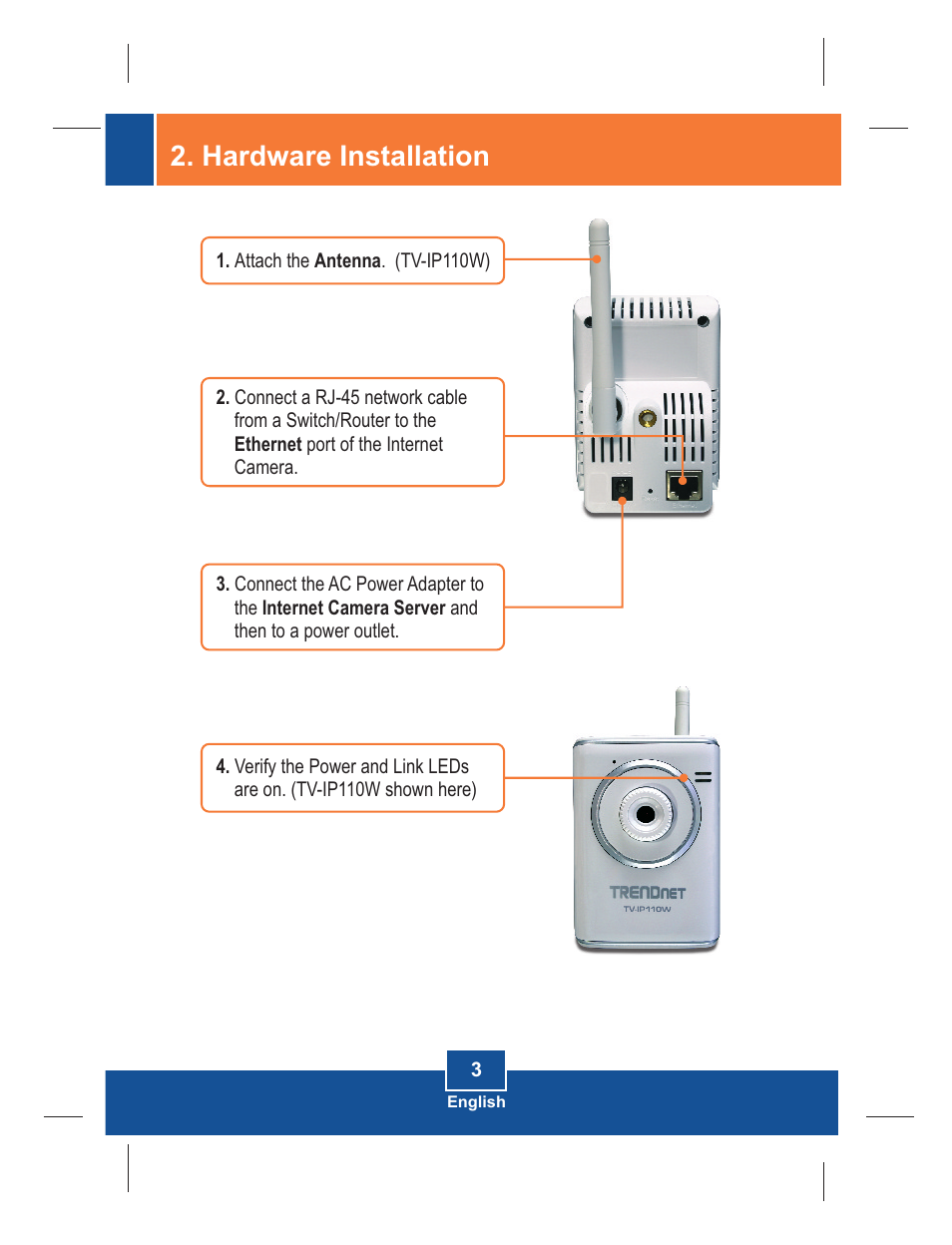 Hardware installation | TRENDnet TV-IP110W User Manual | Page 5 / 12