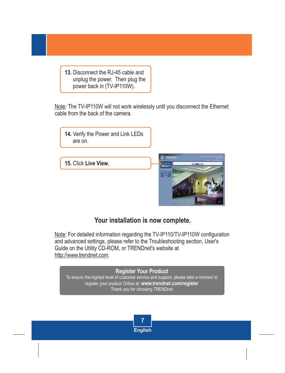 Your installation is now complete | TRENDnet TV-IP110W User Manual | Page 9 / 12