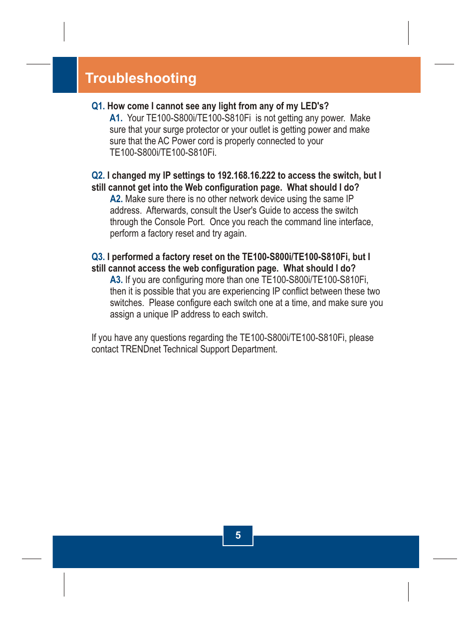 Troubleshooting | TRENDnet TE100 S800i User Manual | Page 7 / 9