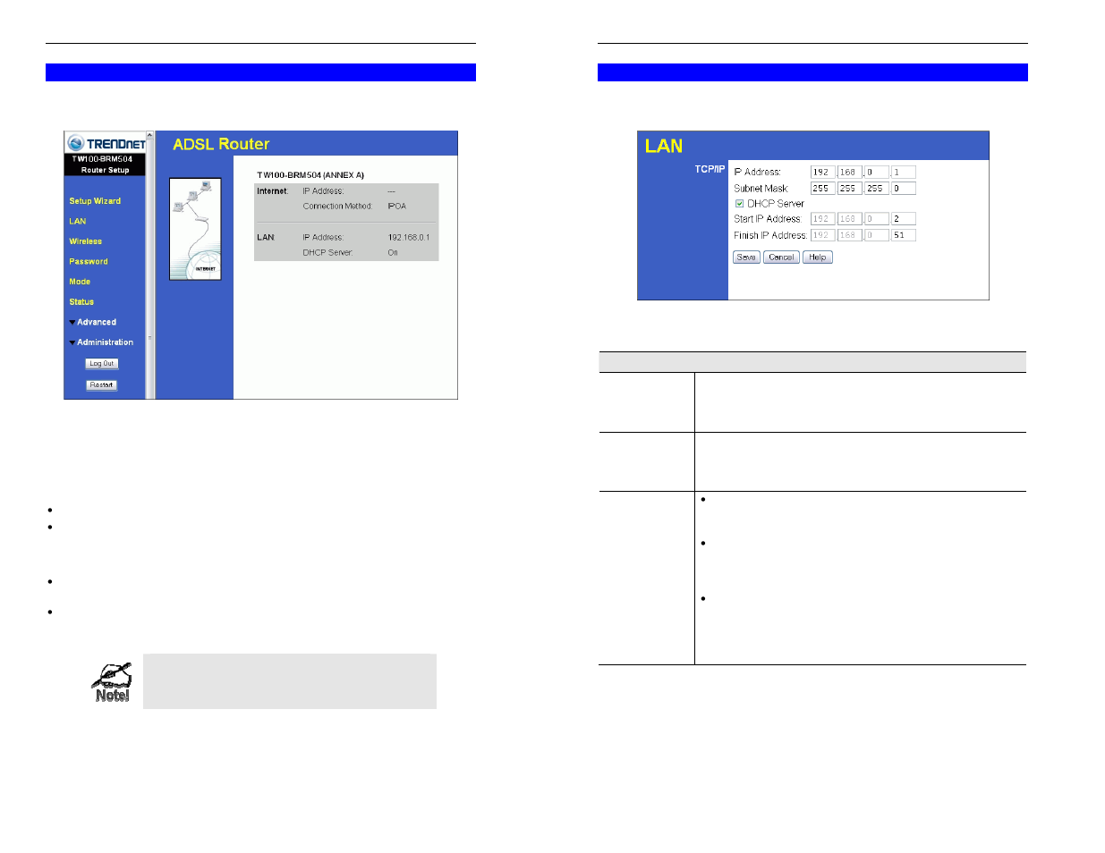 Home screen, Lan screen | TRENDnet TW100-BRM504 User Manual | Page 10 / 46