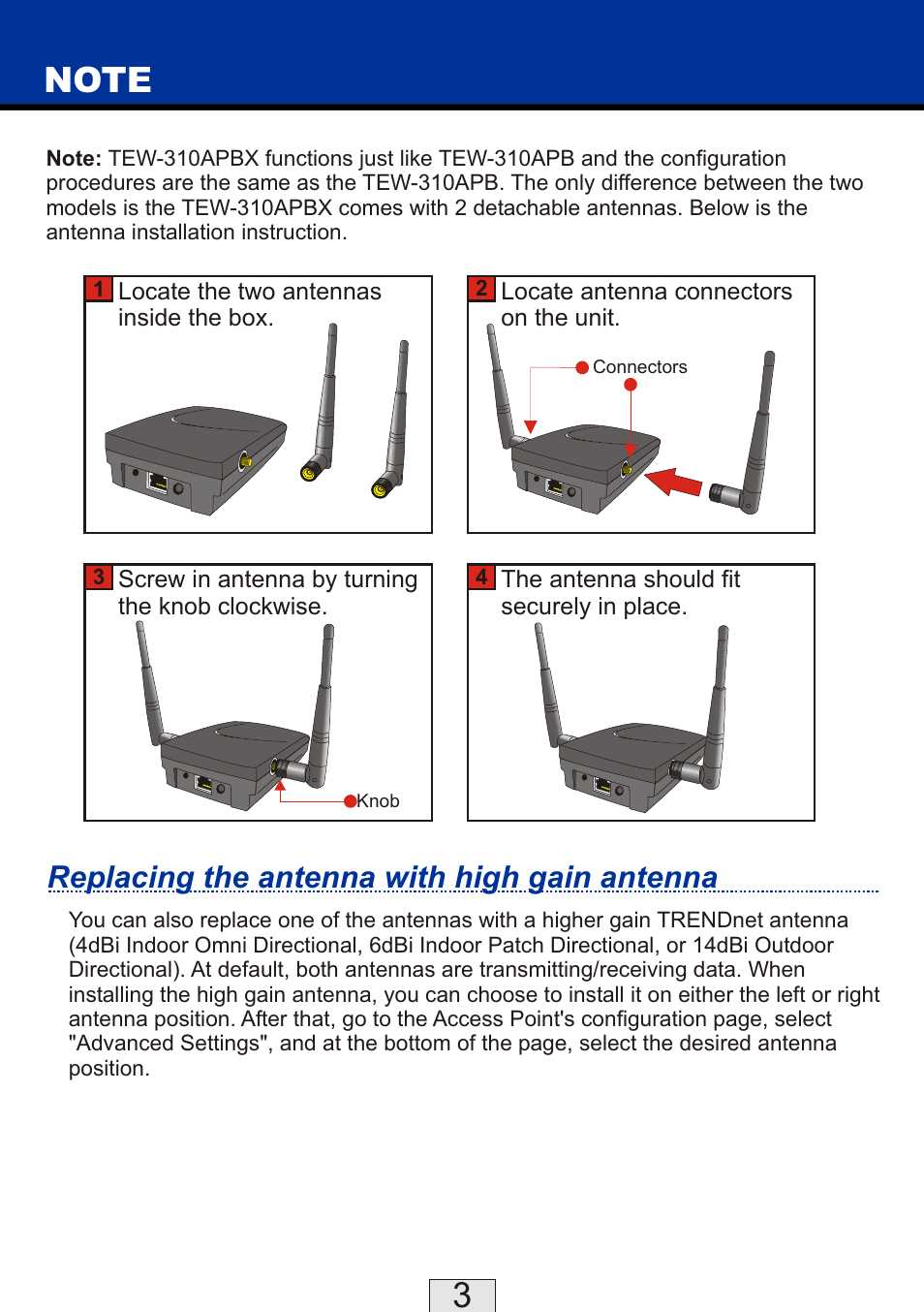 Replacing the antenna with high gain antenna | TRENDnet TEW-310APBX User Manual | Page 3 / 47