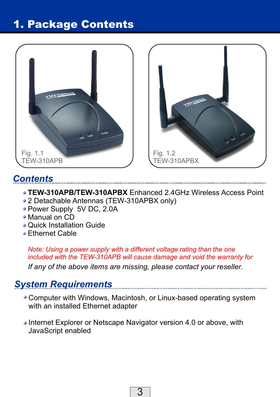 Package contents, System requirements contents | TRENDnet TEW-310APBX User Manual | Page 4 / 47