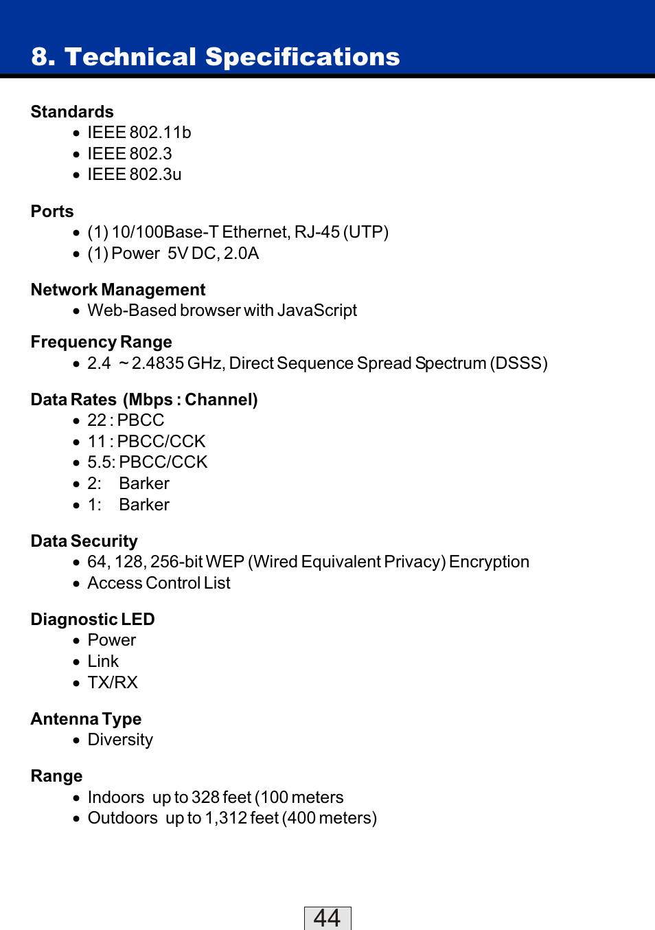 Technical specifications | TRENDnet TEW-310APBX User Manual | Page 45 / 47
