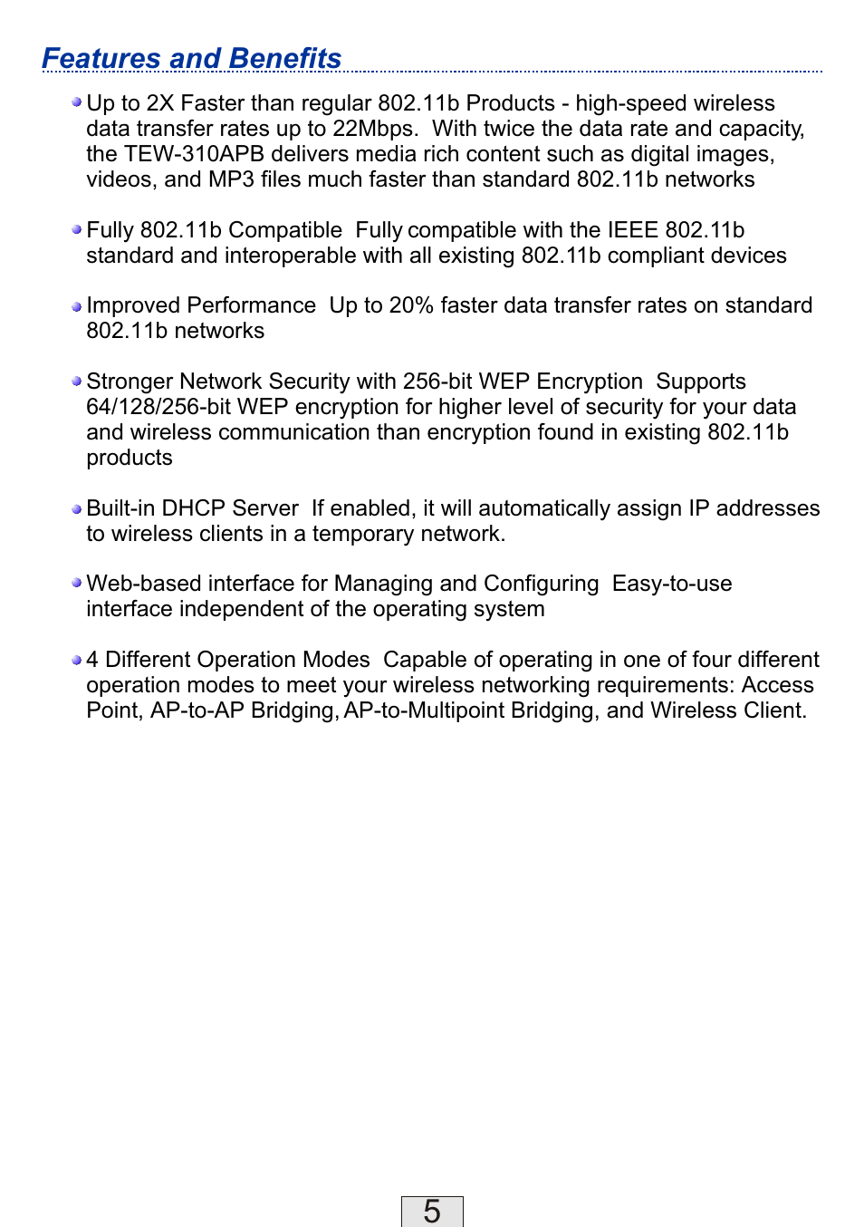 Features and benefits | TRENDnet TEW-310APBX User Manual | Page 6 / 47