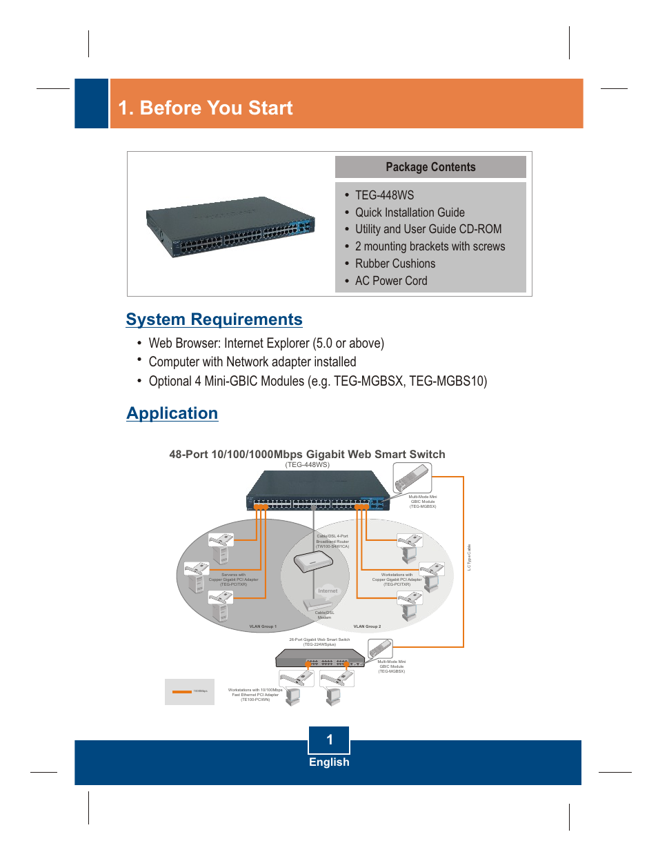 Before you start, System requirements application, Package contents | English | TRENDnet TEG-448WS User Manual | Page 3 / 10