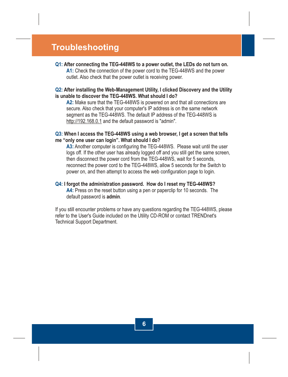 Troubleshooting | TRENDnet TEG-448WS User Manual | Page 8 / 10