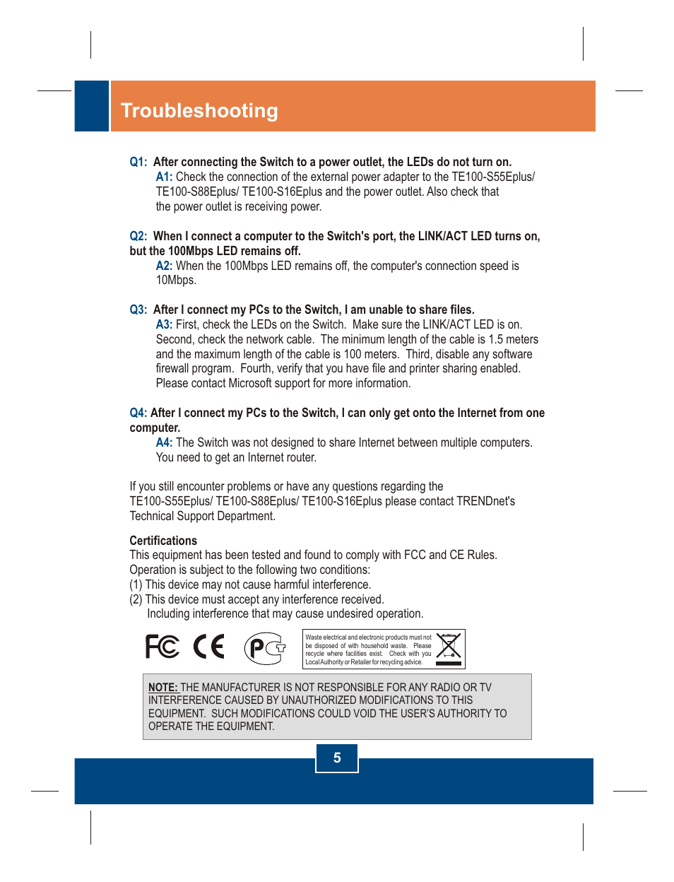 Troubleshooting | TRENDnet TE100 S55Eplus User Manual | Page 7 / 10