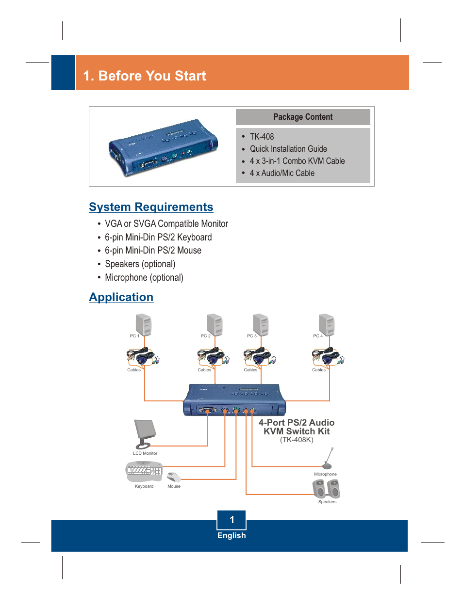 Before you start, System requirements application, Port ps/2 audio kvm switch kit | TRENDnet TK-408K User Manual | Page 3 / 11