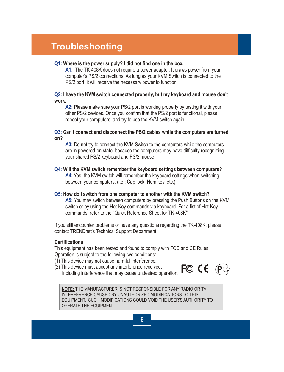 Troubleshooting | TRENDnet TK-408K User Manual | Page 8 / 11