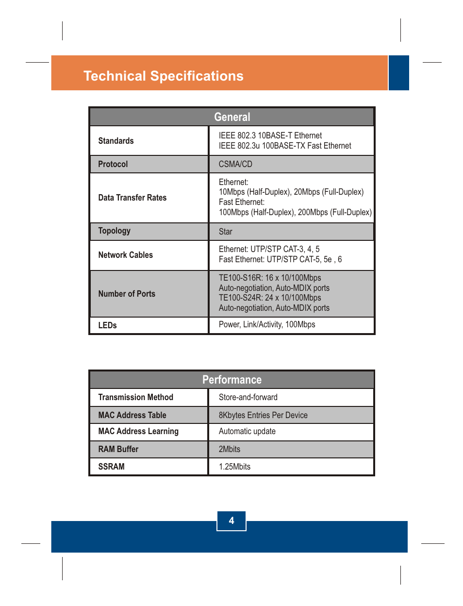 Technical specifications, General, Performance | TRENDnet TE100-S16R User Manual | Page 6 / 12