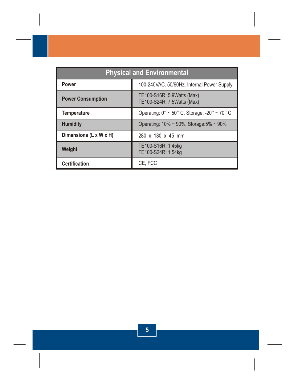 Physical and environmental | TRENDnet TE100-S16R User Manual | Page 7 / 12