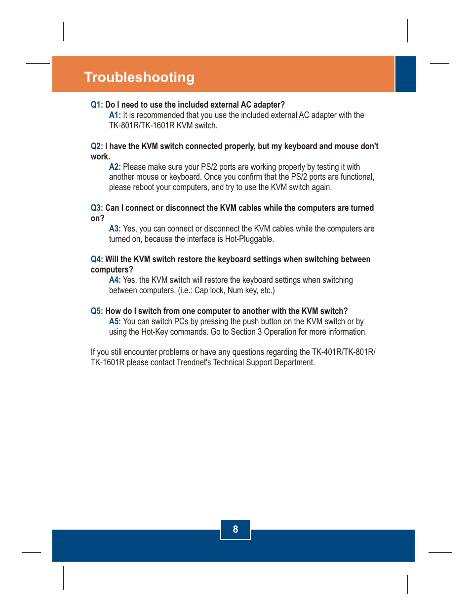 Troubleshooting | TRENDnet TK-401R User Manual | Page 10 / 14