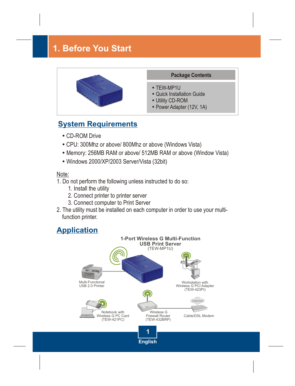 Before you start, System requirements, Application | TRENDnet TEW-MP1U User Manual | Page 3 / 14