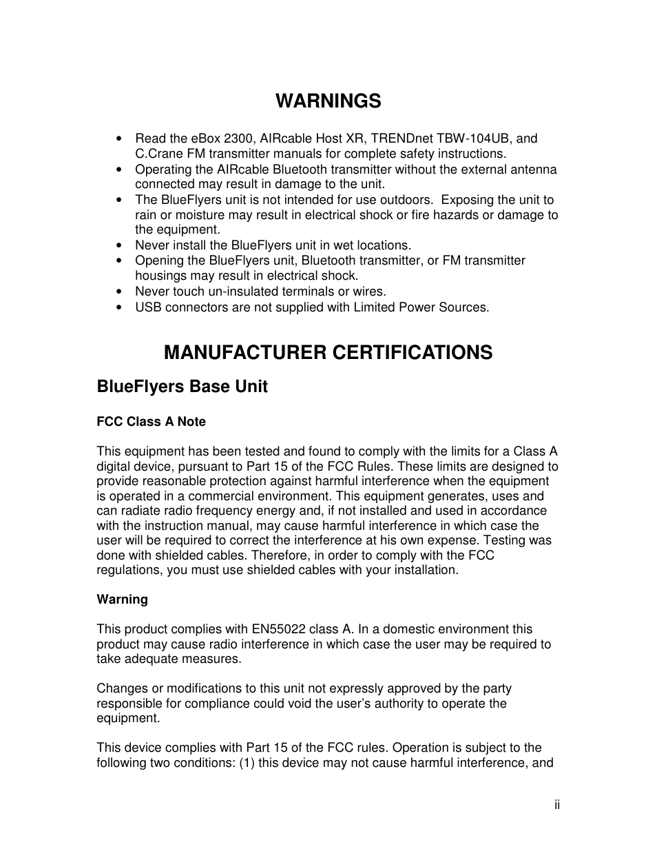 Warnings, Manufacturer certifications, Blueflyers base unit | TRENDnet Bluetooth R91007G User Manual | Page 3 / 70