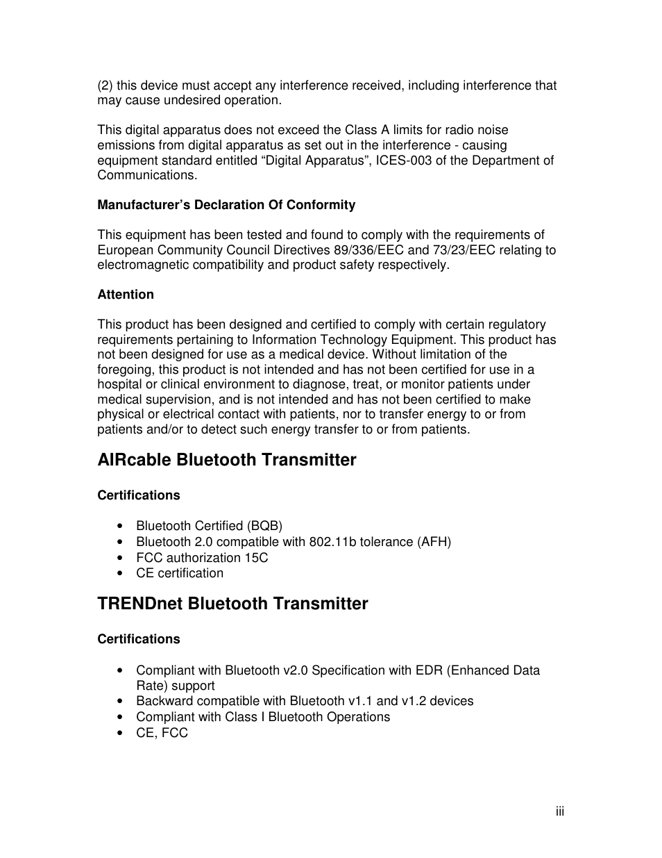 Aircable bluetooth transmitter, Trendnet bluetooth transmitter | TRENDnet Bluetooth R91007G User Manual | Page 4 / 70