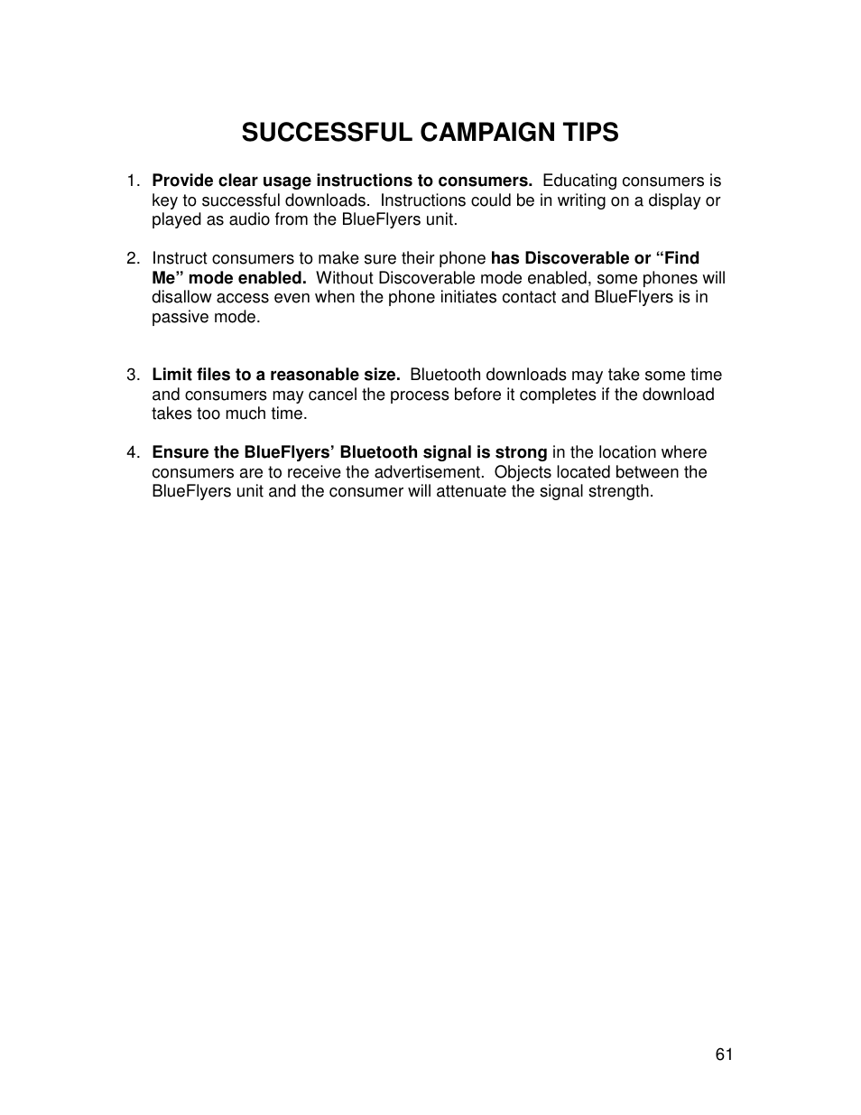 Successful campaign tips | TRENDnet Bluetooth R91007G User Manual | Page 66 / 70