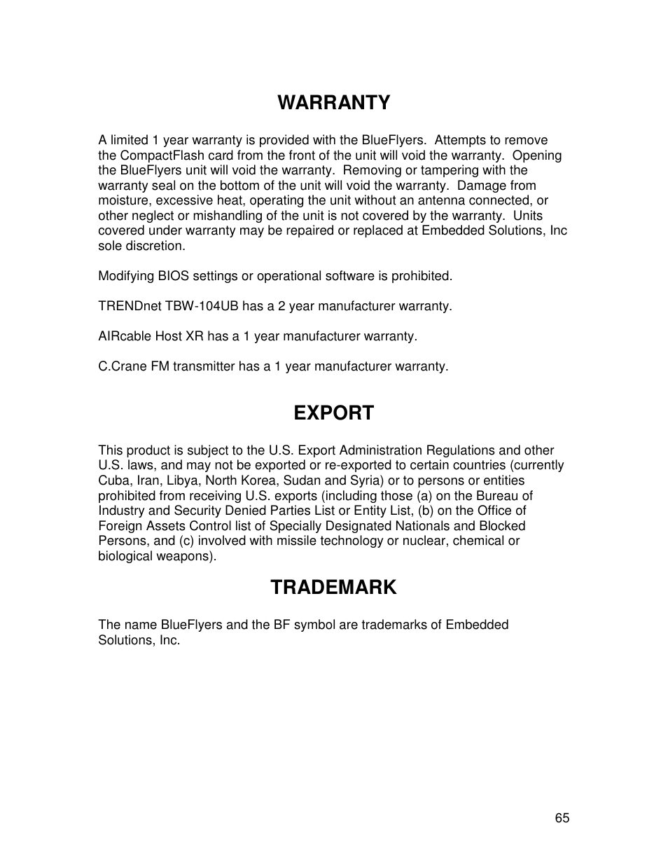 Warranty, Export, Trademark | TRENDnet Bluetooth R91007G User Manual | Page 70 / 70