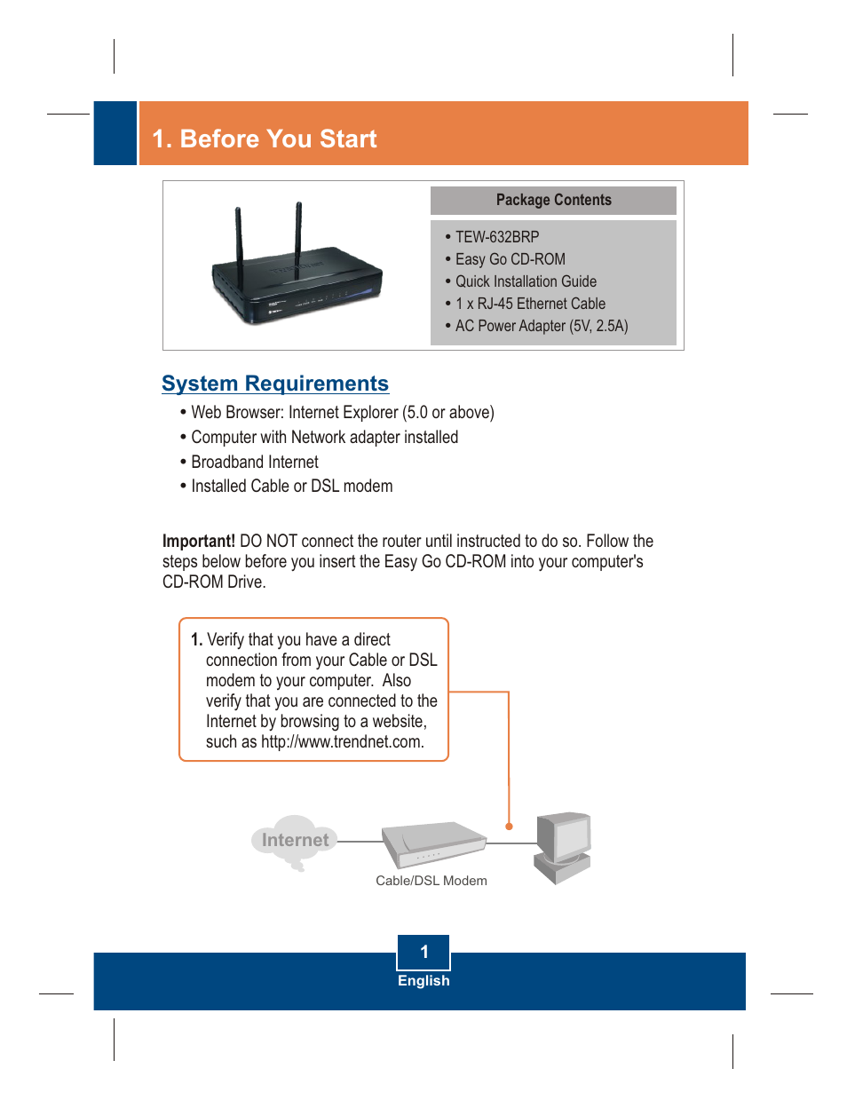 Before you start, System requirements | TRENDnet TEW-632BRP User Manual | Page 3 / 12