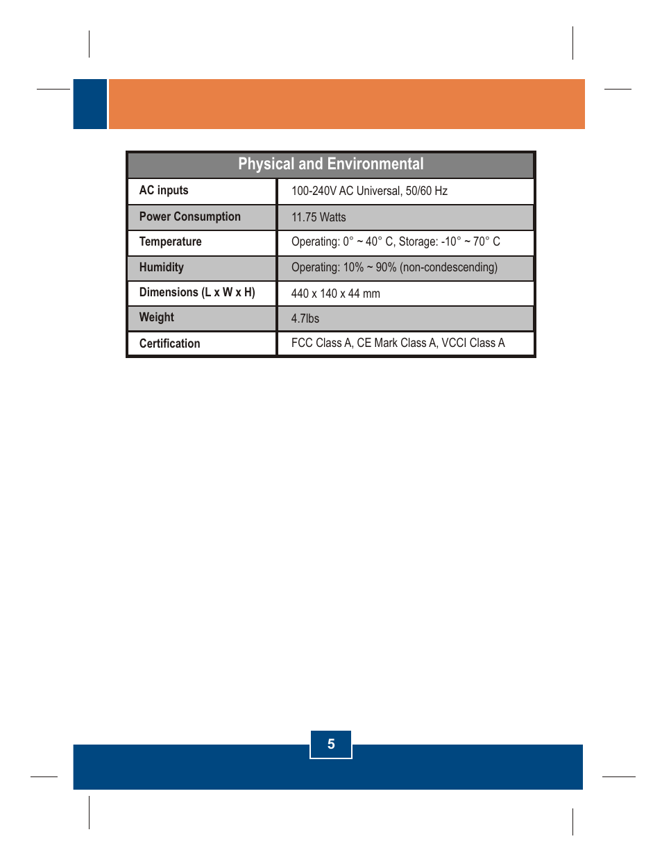 Physical and environmental | TRENDnet TEG-S224 User Manual | Page 7 / 12