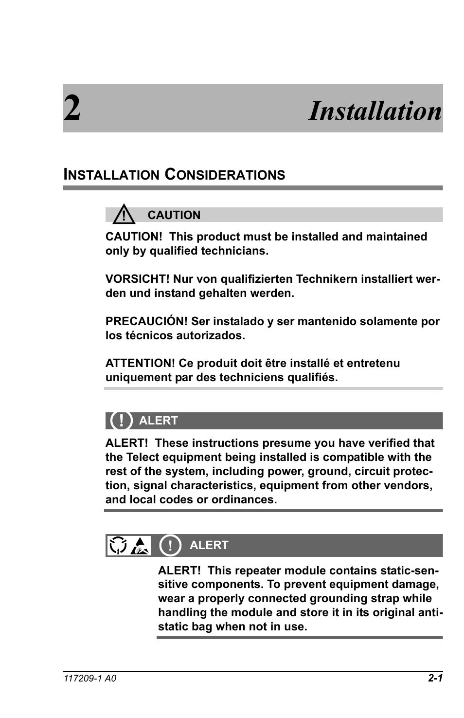 2 installation, Installation considerations, Installation | Telect BCS II User Manual | Page 11 / 24