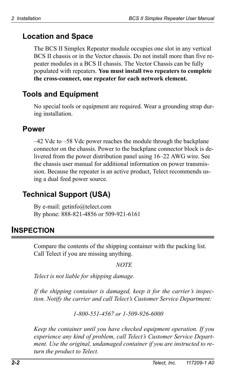 Inspection, Location and space, Tools and equipment | Power, Technical support (usa) | Telect BCS II User Manual | Page 12 / 24