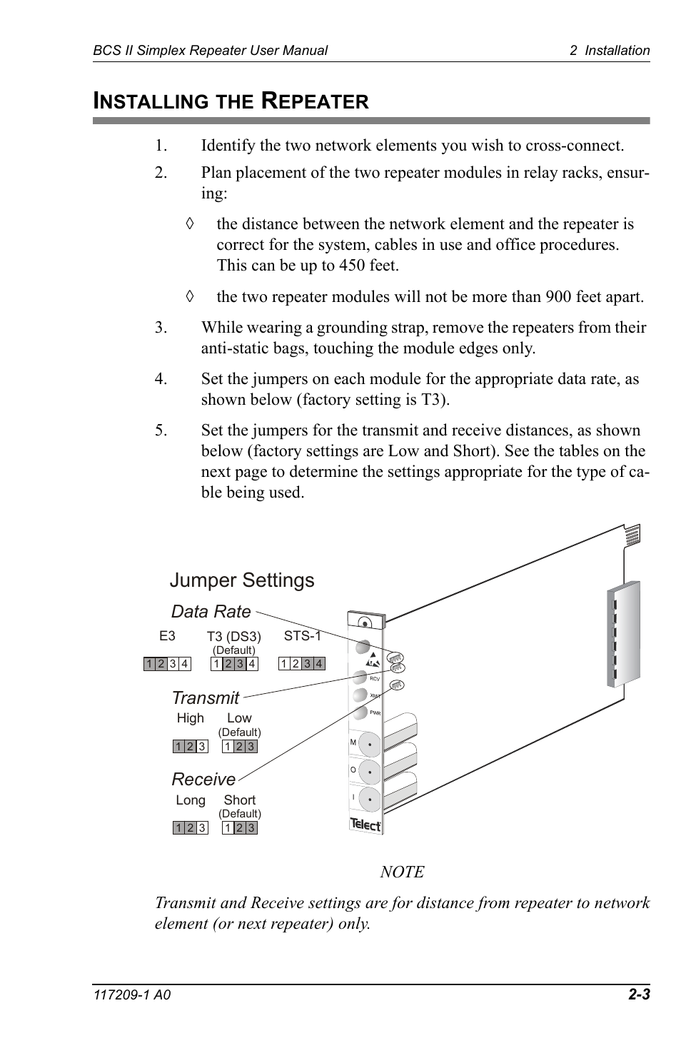 Installing the repeater, Jumper settings, Nstalling | Epeater, Data rate, Transmit, Receive | Telect BCS II User Manual | Page 13 / 24