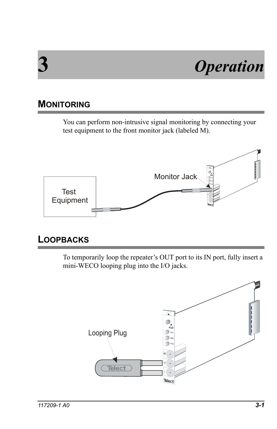 3 operation, Monitoring, Loopbacks | Operation | Telect BCS II User Manual | Page 17 / 24