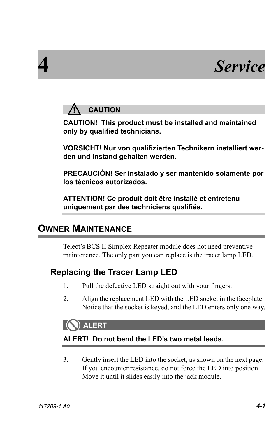 4 service, Owner maintenance, Service | Telect BCS II User Manual | Page 19 / 24
