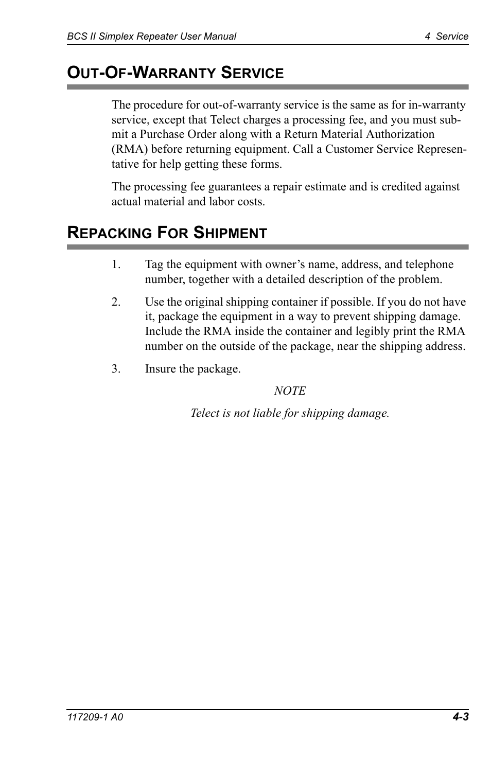 Out-of-warranty service, Repacking for shipment | Telect BCS II User Manual | Page 21 / 24