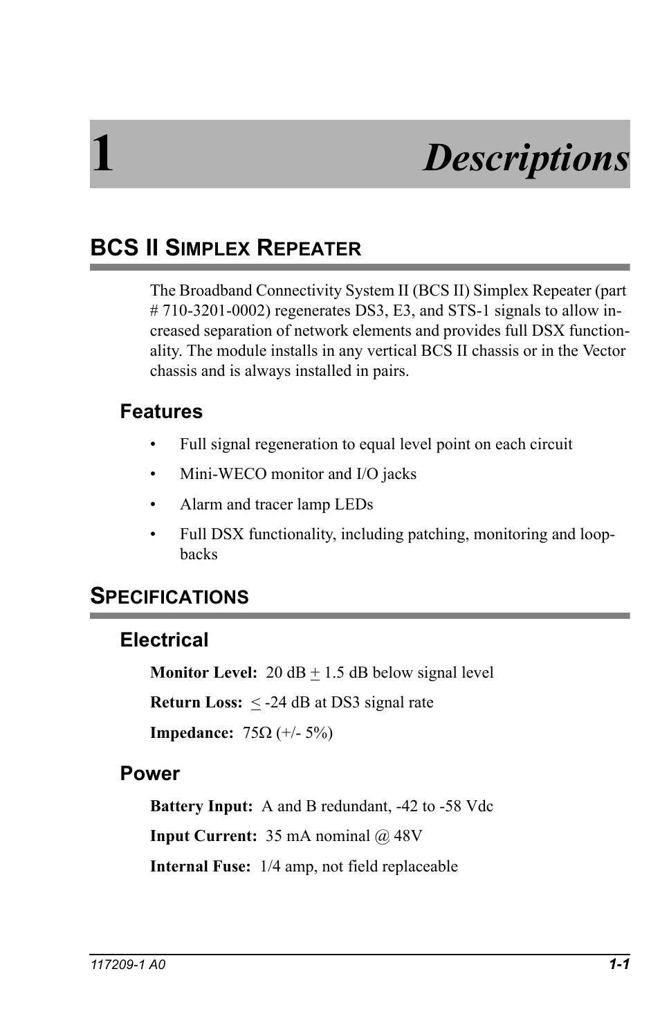 1 descriptions, Bcs ii simplex repeater, Specifications | Descriptions, Bcs ii s | Telect BCS II User Manual | Page 5 / 24