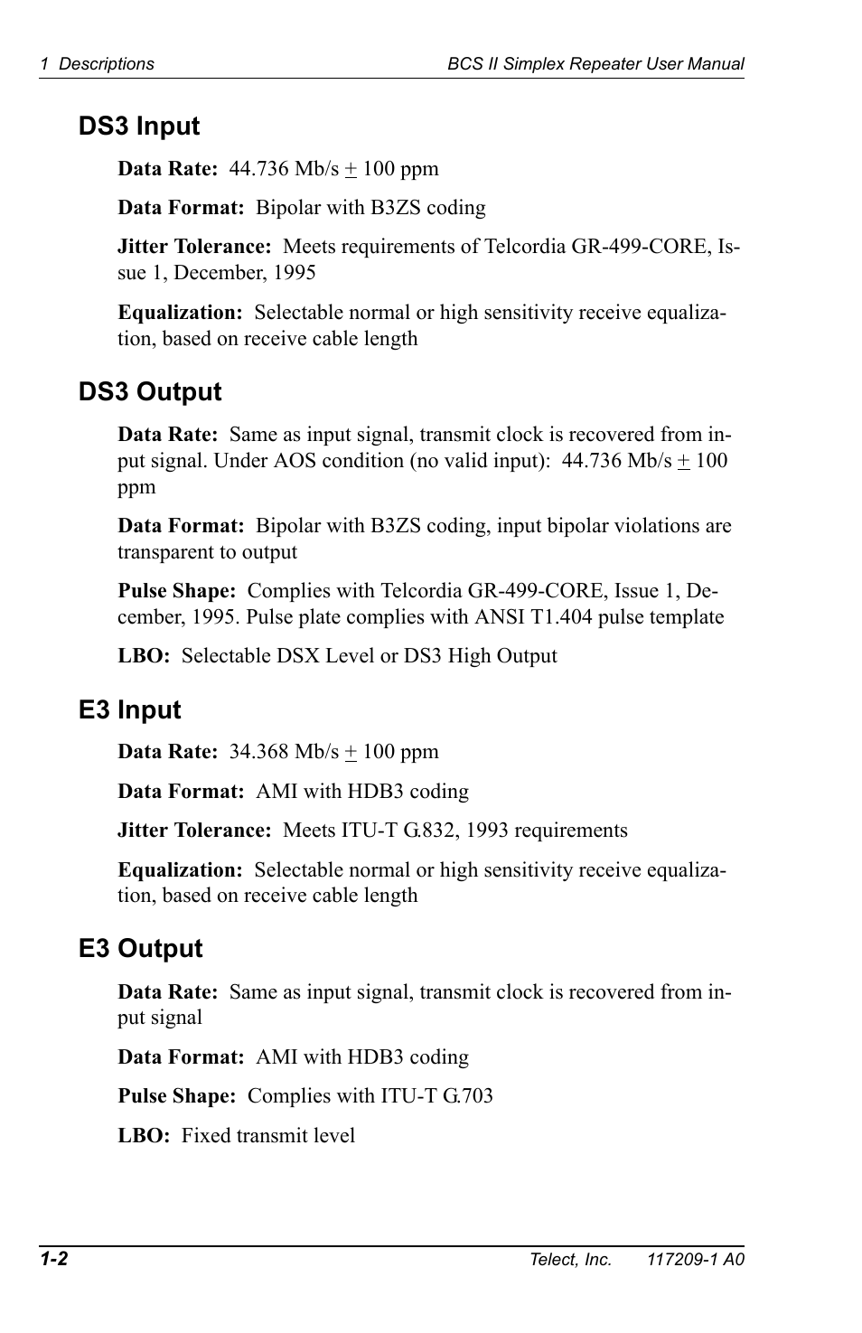 Ds3 input, Ds3 output, E3 input | E3 output | Telect BCS II User Manual | Page 6 / 24