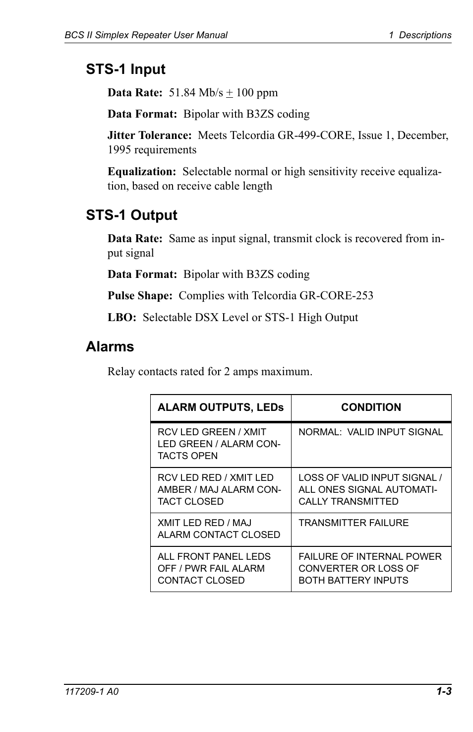Sts-1 input, Sts-1 output, Alarms | Telect BCS II User Manual | Page 7 / 24