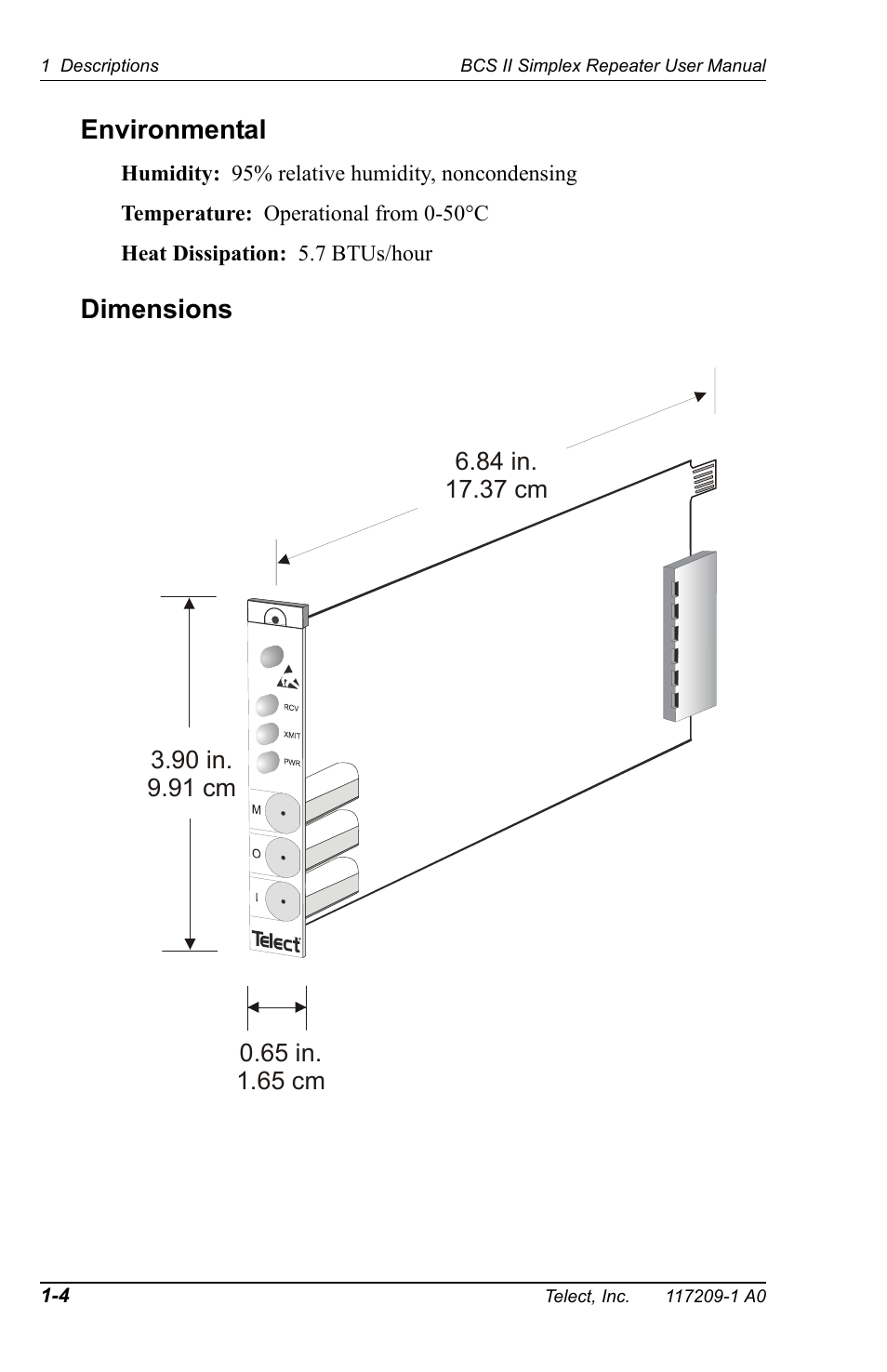 Environmental, Dimensions | Telect BCS II User Manual | Page 8 / 24