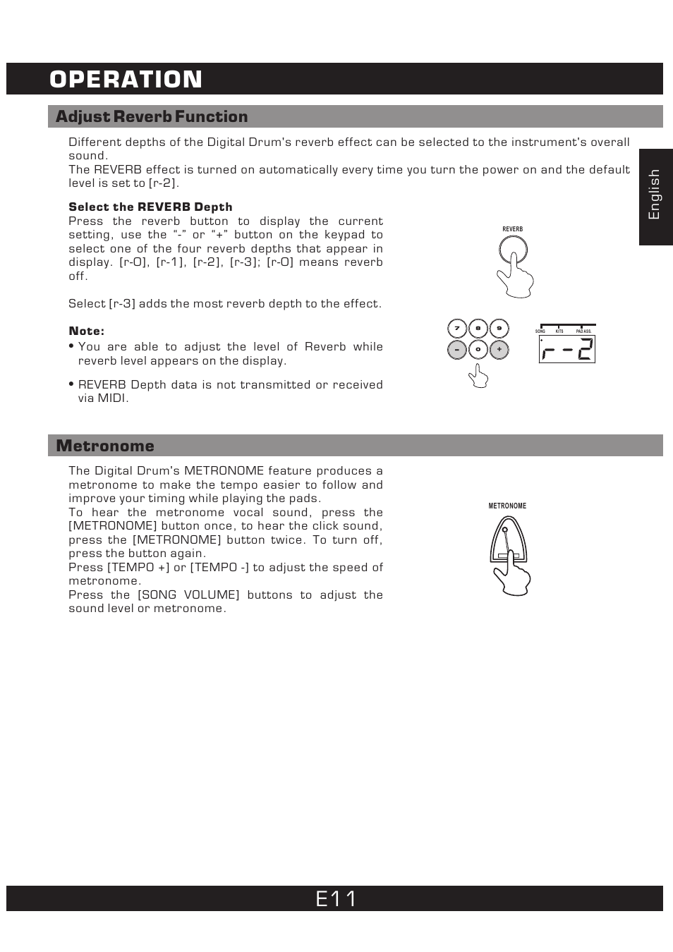 Operation, Adjust reverb function, Metronome | English | The Singing Machine 7 Pad Electronic Drum Set SMI-1452 User Manual | Page 11 / 68