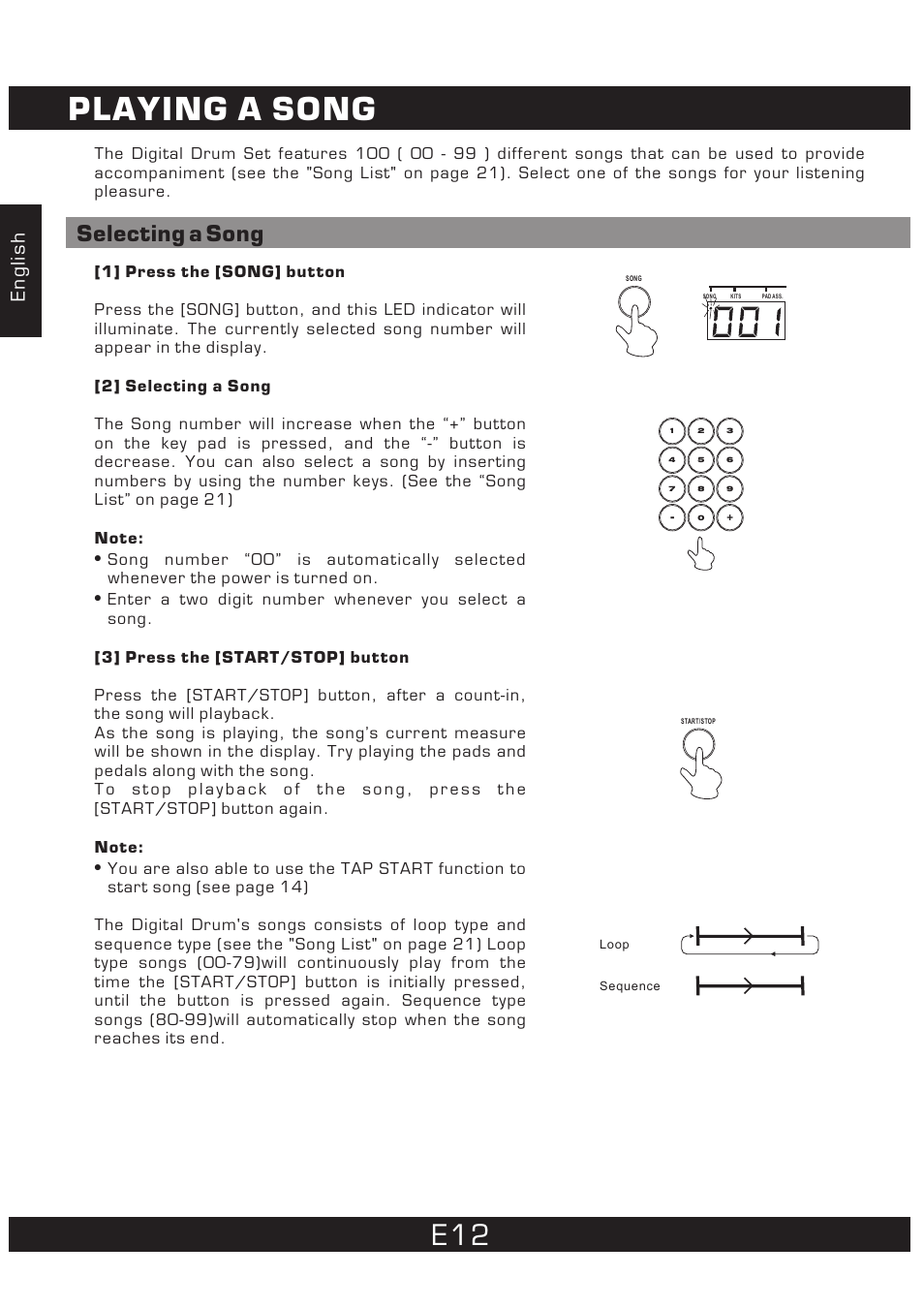 Playing a song, Selecting a song, English | The Singing Machine 7 Pad Electronic Drum Set SMI-1452 User Manual | Page 12 / 68