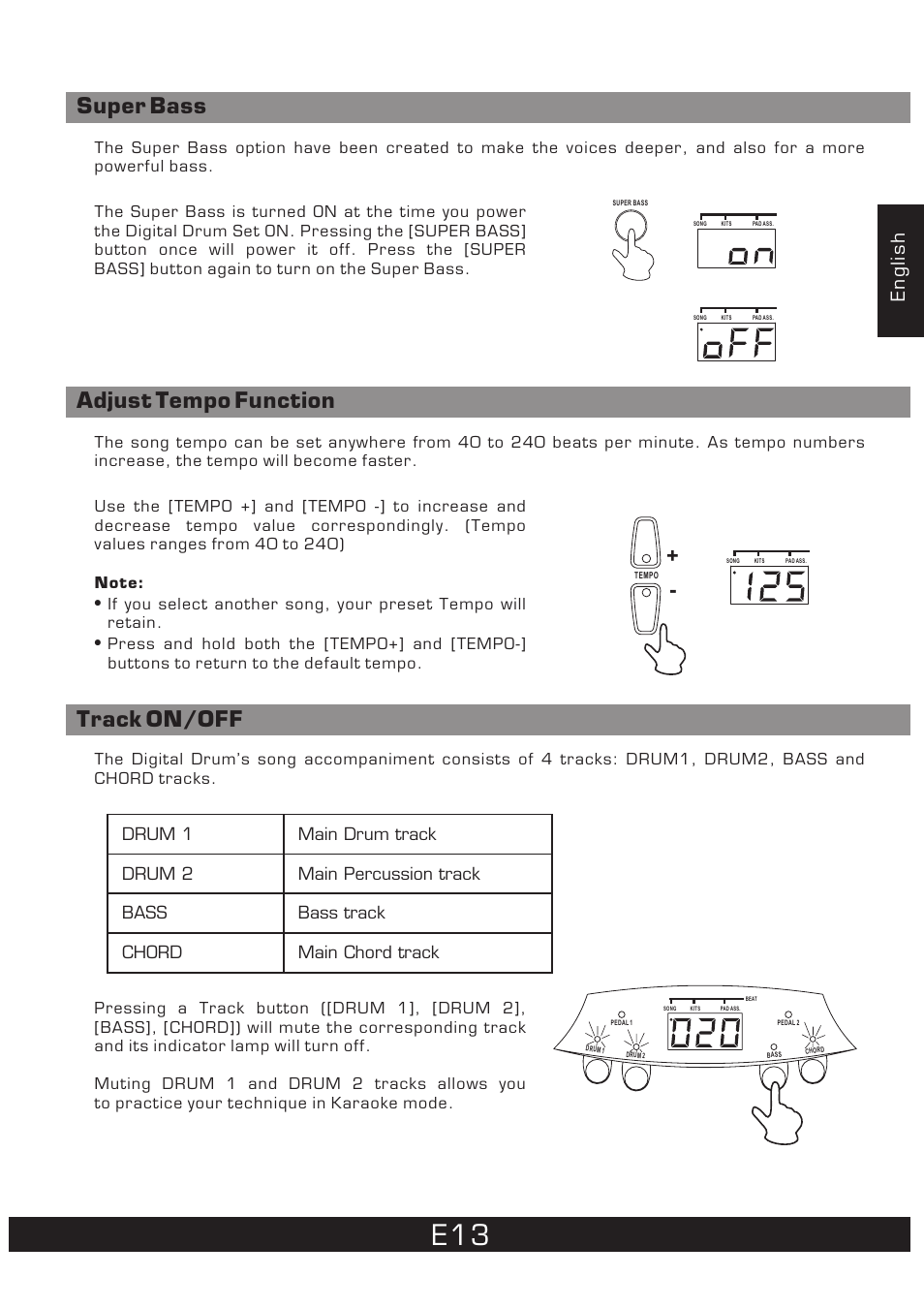 Super bass, Adjust tempo function, Track on/off | English | The Singing Machine 7 Pad Electronic Drum Set SMI-1452 User Manual | Page 13 / 68