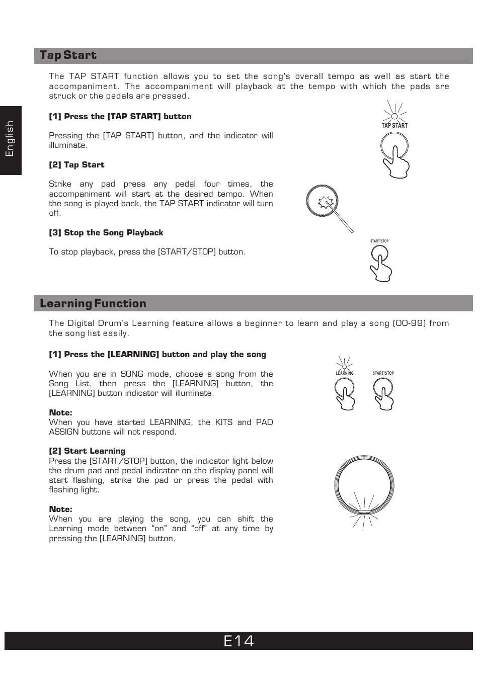 Tap start learning function | The Singing Machine 7 Pad Electronic Drum Set SMI-1452 User Manual | Page 14 / 68