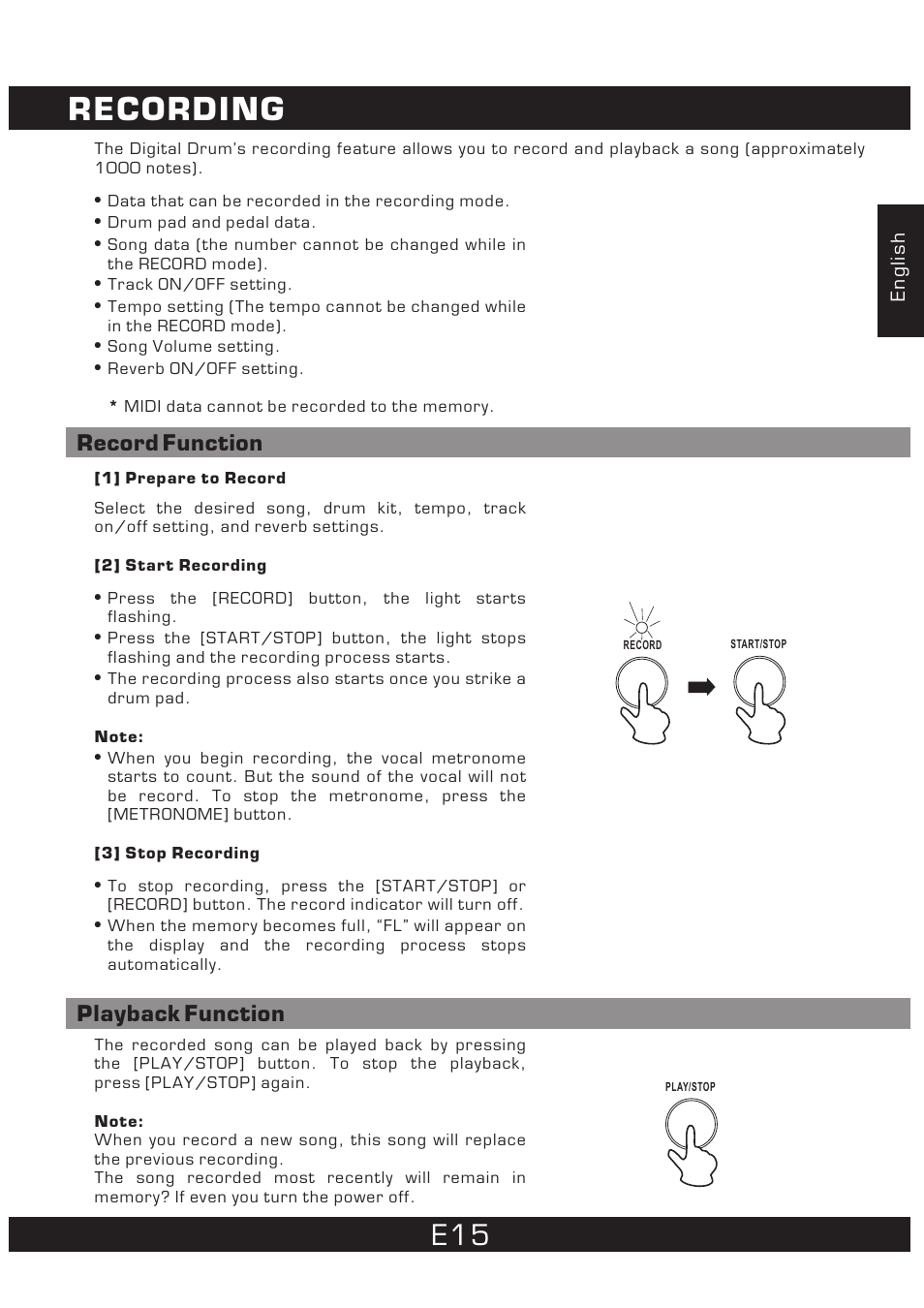 Recording, Record function, Playback function | The Singing Machine 7 Pad Electronic Drum Set SMI-1452 User Manual | Page 15 / 68